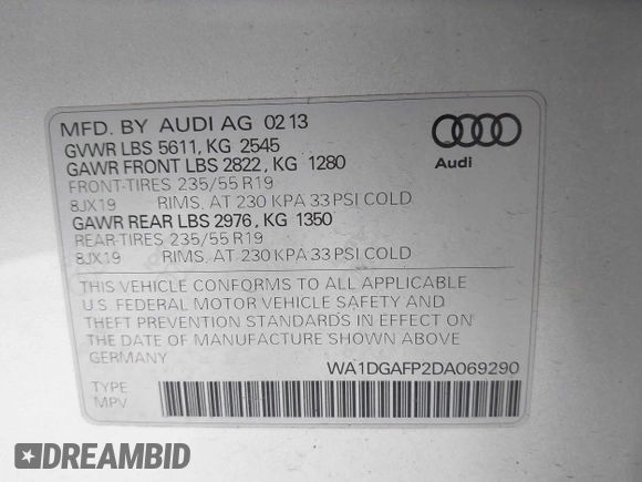 2013 Audi Q5 Premium Plus with VIN WA1DGAFP2DA069290, listed as a IAAI auction lot 42294476 with 123,515 mi miles and . Bid and sale history available at DreamBid. Image 9.