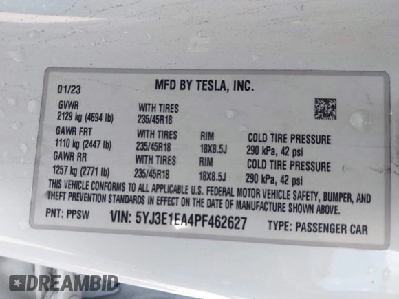 2023 Tesla Model 3 with VIN 5YJ3E1EA4PF462627, listed as a IAAI auction lot 41750103 with 38,463 mi miles and . Bid and sale history available at carsss.com. Image 9.
