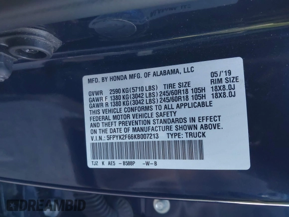 2019 Honda Ridgeline RTL-T z VIN 5FPYK2F66KB007213, wystawiony jako IAAI lot #41841897 z przebiegiem 49 405 mil mil oraz . Historia ofert i sprzedaży dostępna na DreamBid. Obrazek 9.