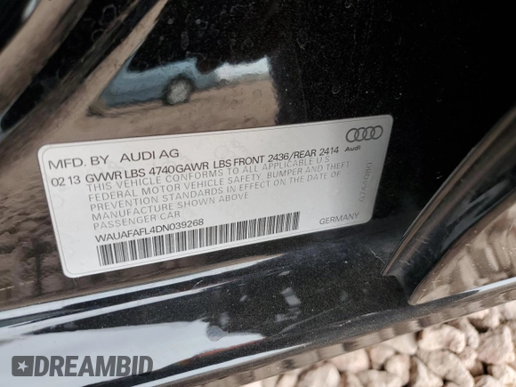 2013 Audi A4 Premium with VIN WAUAFAFL4DN039268, listed as a Copart auction lot 58780675 with 152,802 mi miles and Salvage title. Bid and sale history available at DreamBid. Image 12.