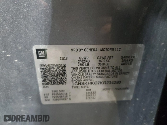 2019 Chevrolet Suburban LT z VIN 1GNSKHKC7KR234280, wystawiony jako Copart lot #56954805 z przebiegiem 144 230 mil mil oraz Szkoda całkowita • Salvage title. Historia ofert i sprzedaży dostępna na DreamBid. Obrazek 14.