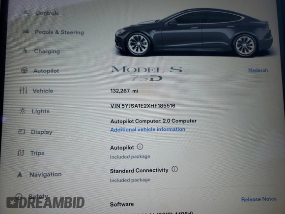 2017 Tesla Model S 100D с VIN 5YJSA1E2XHF185516, выставлен на аукционе Copart как лот 61816135 с пробегом 132 267 миль миль и Списание • Salvage title. История ставок и продаж доступна на DreamBid. Изображение 9.