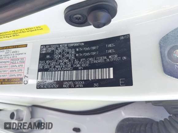 2018 Toyota 4Runner SR5 with VIN JTEBU5JRXJ5484802, listed as a IAAI auction lot 41609448 with 71,085 mi miles and . Bid and sale history available at DreamBid. Image 9.