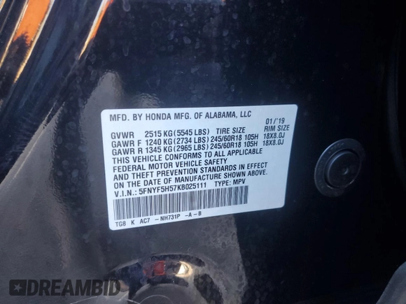 2019 Honda Pilot EX-L with VIN 5FNYF5H57KB025111, listed as a Copart auction lot 53779434 with 86,609 mi miles and Salvage title. Bid and sale history available at DreamBid. Image 15.
