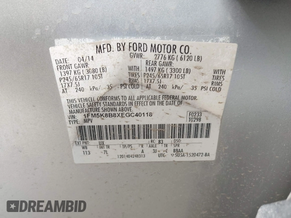 2014 Ford Explorer с VIN 1FM5K8B8XEGC40118, выставлен на аукционе IAAI как лот 41903151 с пробегом 116 241 миль миль и . История ставок и продаж доступна на DreamBid. Изображение 9.