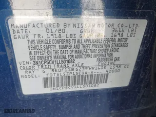 2020 Nissan Kicks SV with VIN 3N1CP5CV1LL501082, listed as a IAAI auction lot 41691787 with 81,753 mi miles. Bid and sale history available at carsss.com. Image 9.
