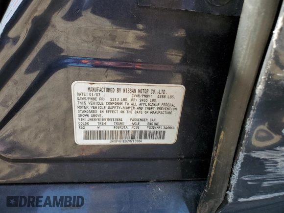 2007 Infiniti G35 Sport with VIN JNKBV61E97M713584, listed as a Copart auction lot 77174144 with Not Provided miles and Salvage Title. Bid and sale history available at DreamBid. Image 14.