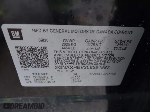 2020 Chevrolet Equinox LS with VIN 2GNAXHEV3L6284987, listed as a IAAI auction lot 41931605 with 77,134 mi miles. Bid and sale history available at carsss.com. Image 9.