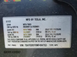 2022 Tesla Model Y Performance z VIN 7SAYGDEF8NF494753, wystawiony jako IAAI lot #41692464 z przebiegiem 14 616 mil mil oraz . Historia ofert i sprzedaży dostępna na DreamBid. Obrazek 9.