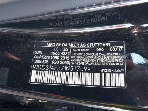 2018 Mercedes-Benz CLA 250 with VIN WDDSJ4EB7JN517099, listed as a IAAI auction lot 41219944 with 117,746 mi miles and . Bid and sale history available at DreamBid. Image 9.