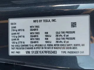 2024 Tesla Model 3 with VIN 5YJ3E1EA7RF853483, listed as a IAAI auction lot 40863575 with 1,173 mi miles and . Bid and sale history available at carsss.com. Image 9.