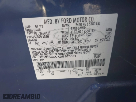 2013 Ford Edge Limited with VIN 2FMDK3KCXDBB70631, listed as a IAAI auction lot 41409717 with 286,773 mi miles. Bid and sale history available at carsss.com. Image 9.