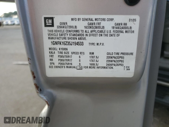 2005 Chevrolet Suburban LT z VIN 1GNFK16Z35J194533, wystawiony jako Copart lot #48653215 z przebiegiem Nie podano mil oraz Nie do naprawy • Non repairable. Historia ofert i sprzedaży dostępna na DreamBid. Obrazek 14.