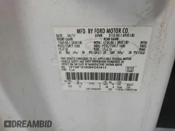 2011 Ford F-150 XL with VIN 1FTMF1EM0BKD53413, listed as a Copart auction lot 42798455 with Not provided miles and Salvage title. Bid and sale history available at DreamBid. Image 12.