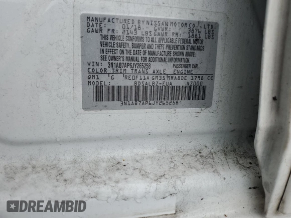 2018 Nissan Sentra SR with VIN 3N1AB7AP6JY265258, listed as a Copart auction lot 61939254 with 144,608 mi miles and Salvage Title. Bid and sale history available at DreamBid. Image 12.
