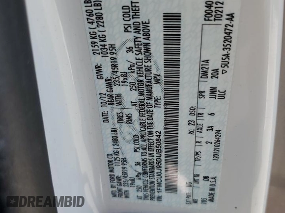 2013 Ford Escape Titanium with VIN 1FMCU0J95DUB50842, listed as a Copart auction lot 64188065 with 99,302 mi miles and Salvage title. Bid and sale history available at DreamBid. Image 13.