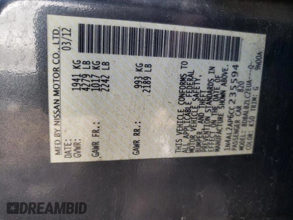 2012 Nissan Altima S with VIN 1N4AL2AP6CC235594, listed as a Copart auction lot 84153004 with 172,997 mi miles and Non Repairable. Bid and sale history available at DreamBid. Image 12.