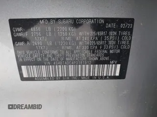 2023 Subaru Outback Premium with VIN 4S4BTADC4P3181912, listed as a IAAI auction lot 42290526 with 3,344 mi miles and . Bid and sale history available at DreamBid. Image 9.