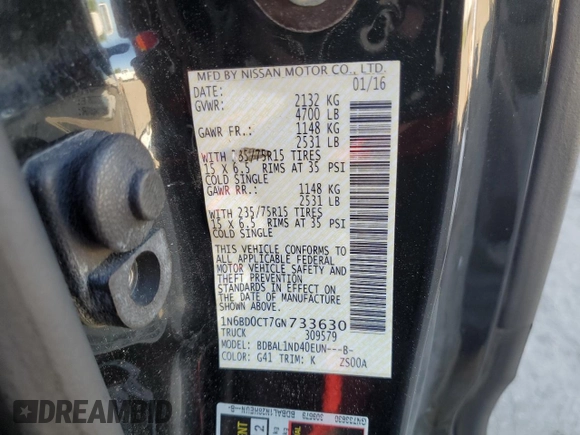 2016 Nissan Frontier S with VIN 1N6BD0CT7GN733630, listed as a Copart auction lot 56230155 with 160,423 mi miles and Salvage title. Bid and sale history available at DreamBid. Image 12.