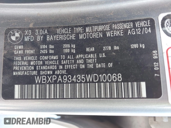 2005 BMW X3 3.0i with VIN WBXPA93435WD10068, listed as a IAAI auction lot 42083230 with 236,394 mi miles. Bid and sale history available at carsss.com. Image 9.