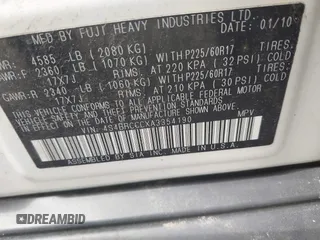 2010 Subaru Outback Premium All-Weather Anniversary with VIN 4S4BRCCCXA3354190, listed as a IAAI auction lot 42800564 with 157,852 mi miles and . Bid and sale history available at DreamBid. Image 9.