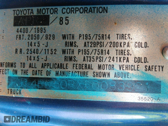 1985 Toyota Pickup z VIN JT4RN50RXF0083921, wystawiony jako IAAI lot #42029838 z przebiegiem 249 994 mil mil oraz . Historia ofert i sprzedaży dostępna na DreamBid. Obrazek 9.