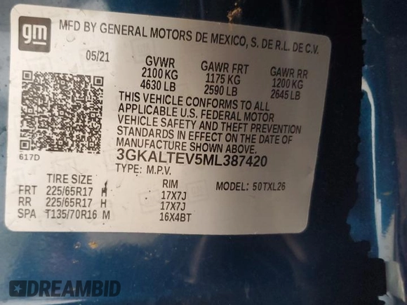 2021 GMC Terrain SLE with VIN 3GKALTEV5ML387420, listed as a Copart auction lot 48223765 with 33,424 mi miles and Salvage title. Bid and sale history available at DreamBid. Image 13.