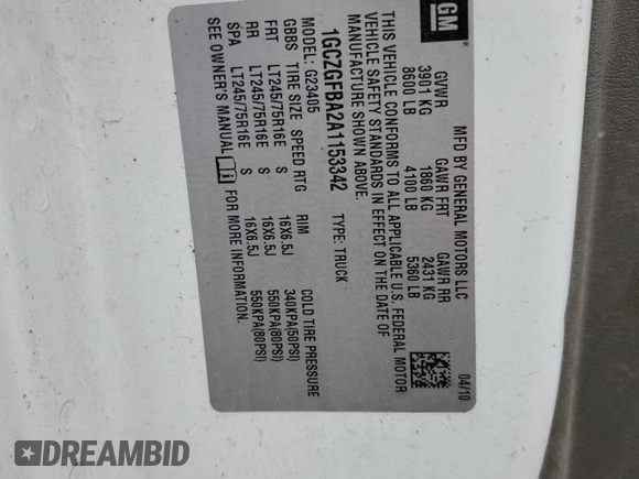2010 Chevrolet Express Cargo with VIN 1GCZGFBA2A1153342, listed as a Copart auction lot 60746385 with 142,770 mi miles and Clean title. Bid and sale history available at DreamBid. Image 13.
