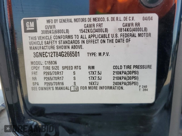 2004 Chevrolet Avalanche Z66 with VIN 3GNEC12T84G266501, listed as a Copart auction lot 51665155 with 170,273 mi miles and Salvage Title. Bid and sale history available at carsss.com. Image 14.