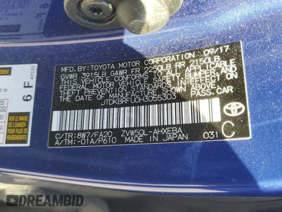 2017 Toyota Prius Two z VIN JTDKBRFU0H3055303, wystawiony jako Copart lot #56667295 z przebiegiem 106 515 mil mil oraz Szkoda całkowita • Salvage title. Historia ofert i sprzedaży dostępna na DreamBid. Obrazek 12.