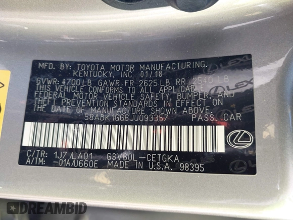 2018 Lexus ES with VIN 58ABK1GG6JU093357, listed as a IAAI auction lot 41290391 with 75,556 mi miles. Bid and sale history available at carsss.com. Image 9.