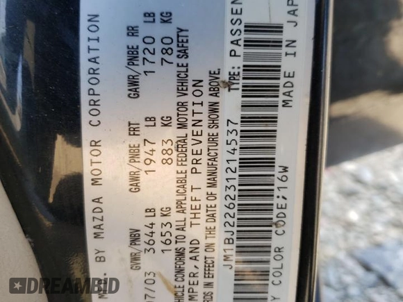 2003 Mazda Protege DX with VIN JM1BJ226231214537, listed as a Copart auction lot 54448615 with 147,753 mi miles and Salvage Title. Bid and sale history available at DreamBid. Image 12.