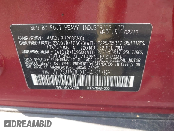 2012 Subaru Forester X Premium with VIN JF2SHADCXCH452766, listed as a IAAI auction lot 42524835 with 172,091 mi miles and . Bid and sale history available at DreamBid. Image 9.
