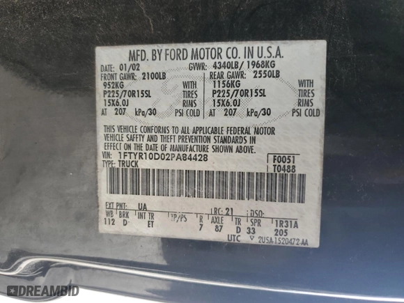 2002 Ford Ranger XL with VIN 1FTYR10D02PA84428, listed as a Copart auction lot 47446715 with 93,862 mi miles and Salvage Title. Bid and sale history available at carsss.com. Image 14.
