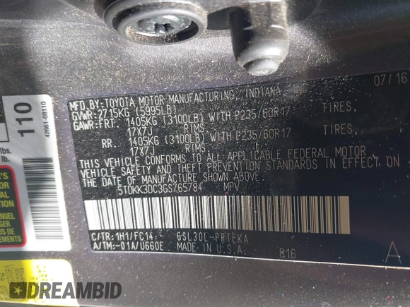 2016 Toyota Sienna LE AAS with VIN 5TDKK3DC3GS765784, listed as a IAAI auction lot 41759100 with 119,218 mi miles. Bid and sale history available at carsss.com. Image 9.