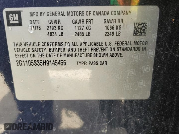 2017 Chevrolet Impala LT with VIN 2G1105S35H9145456, listed as a Copart auction lot 54342915 with 162,219 mi miles and Clean Title. Bid and sale history available at DreamBid. Image 12.