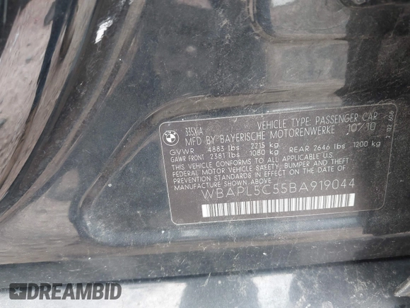 2011 BMW 3 Series 335i xDrive with VIN WBAPL5C55BA919044, listed as a IAAI auction lot 42453418 with 189,981 mi miles and . Bid and sale history available at DreamBid. Image 9.