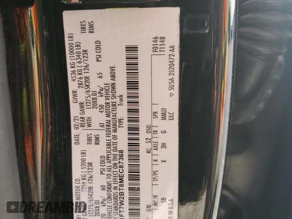 2021 Ford F-250 XL z VIN 1FT7W2BT8MEC87368, wystawiony jako Copart lot #57621545 z przebiegiem 89 159 mil mil oraz Czysty tytuł • Clean title. Historia ofert i sprzedaży dostępna na DreamBid. Obrazek 13.