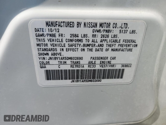 2013 Infiniti M with VIN JN1BY1AR5DM602690, listed as a Copart auction lot 64944925 with 186,302 mi miles and Salvage title. Bid and sale history available at DreamBid. Image 12.