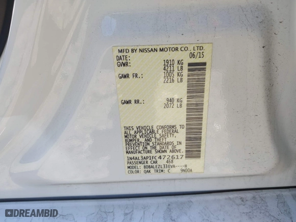 2015 Nissan Altima 2.5 with VIN 1N4AL3AP1FC472617, listed as a IAAI auction lot 41886849 with 67,395 mi miles. Bid and sale history available at carsss.com. Image 9.
