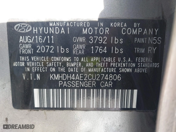 2012 Hyundai Elantra GLS with VIN KMHDH4AE2CU274806, listed as a IAAI auction lot 41893318 with 172,480 mi miles. Bid and sale history available at carsss.com. Image 9.