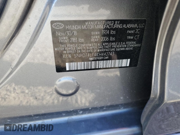2019 Hyundai Elantra SE with VIN 5NPD74LF4KH442743, listed as a Copart auction lot 50292165 with 67,691 mi miles and Salvage Title. Bid and sale history available at DreamBid. Image 12.