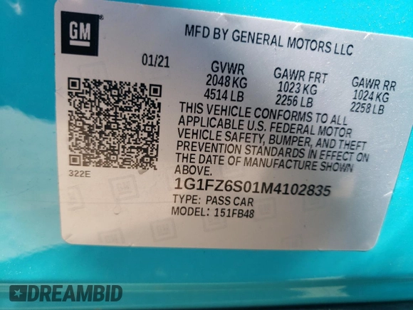 2021 Chevrolet Bolt EV Premier с VIN 1G1FZ6S01M4102835, выставлен на аукционе Copart как лот 53443595 с пробегом Не указан миль и Списание • Salvage title. История ставок и продаж доступна на DreamBid. Изображение 12.