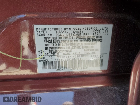 2024 Nissan Sentra SV with VIN 3N1AB8CV2RY242542, listed as a Copart auction lot 61614795 with 5,960 mi miles and Salvage title. Bid and sale history available at DreamBid. Image 13.