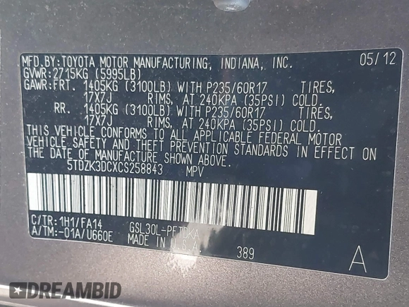 2012 Toyota Sienna with VIN 5TDZK3DCXCS258843, listed as a IAAI auction lot 41700446 with 207,384 mi miles. Bid and sale history available at carsss.com. Image 9.