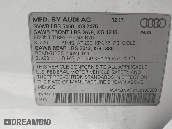 2018 Audi Q5 Premium Plus with VIN WA1BNAFY1J2103568, listed as a IAAI auction lot 41445298 with 38,385 mi miles. Bid and sale history available at carsss.com. Image 9.