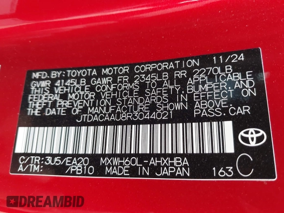 2024 Toyota Prius LE with VIN JTDACAAU8R3044021, listed as a IAAI auction lot 42169592 with 333 mi miles and . Bid and sale history available at DreamBid. Image 9.