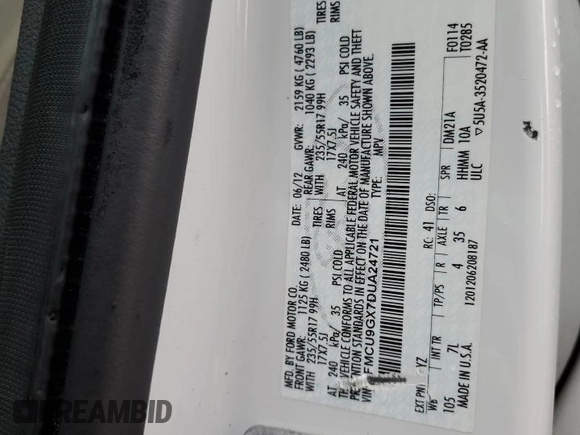 2013 Ford Escape SE with VIN 1FMCU9GX7DUA24721, listed as a Copart auction lot 54543385 with 203,036 mi miles and Salvage title. Bid and sale history available at DreamBid. Image 13.