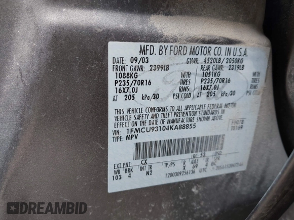 2004 Ford Escape XLT with VIN 1FMCU93104KA88855, listed as a IAAI auction lot 41433173 with 136,355 mi miles and . Bid and sale history available at DreamBid. Image 9.