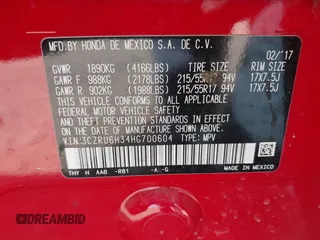 2017 Honda HR-V LX with VIN 3CZRU6H34HG700604, listed as a IAAI auction lot 42019802 with 95,530 mi miles. Bid and sale history available at carsss.com. Image 9.